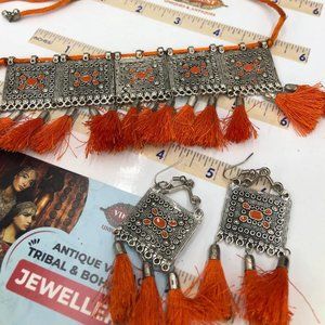 Silver Kuchi Afghan Jewelry Set With Dangling Tassels, Tribal Set